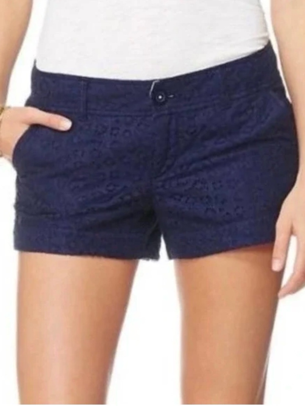 Lilly Pultizer "The Walsh Short" Navy Blue Paisley Eyelet Lace Overlay Shorts